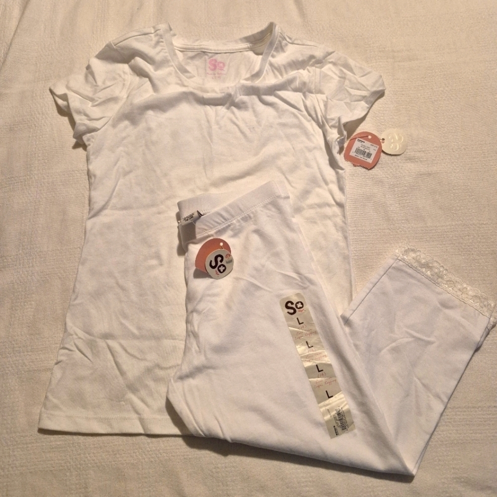 SO girls size 14 white short sleeve shirt and lace trim capri both NWT